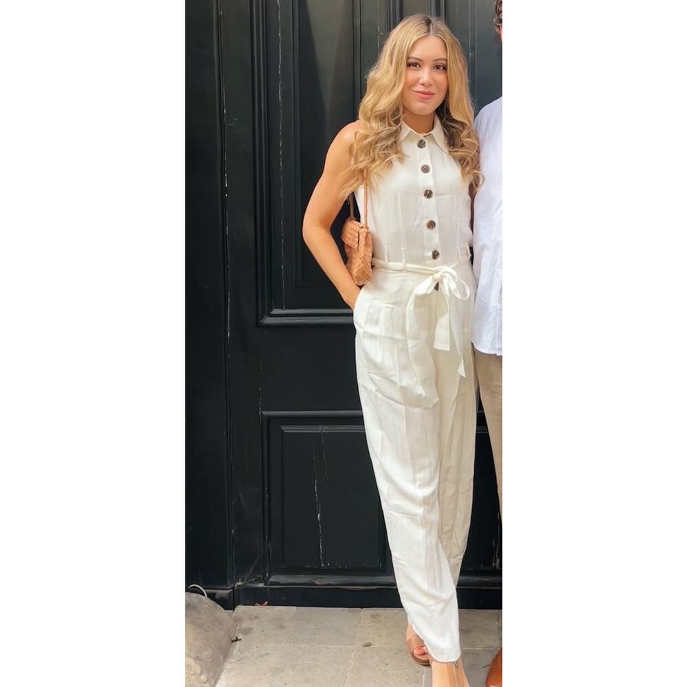 REISS Women's White Collared Front Button Belted Wide Leg Jumpsuit Size US 2 - Picture 13 of 14